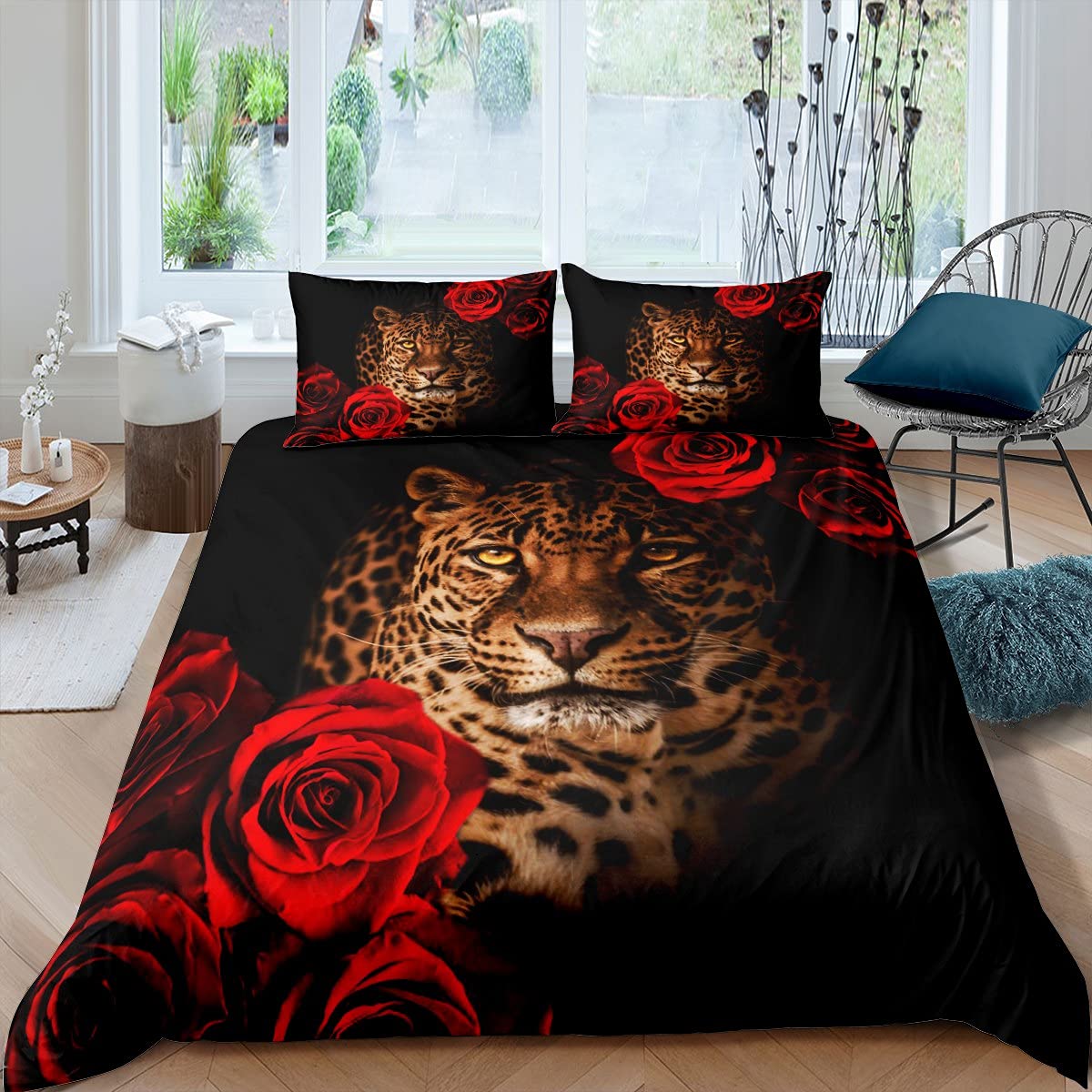 richhome Leopard Duvet Cover King,Africa Big Cat Wild Animal Bedding Set 3pcs for Kids Teens,Red Rose Flowers Luxurious Comforter Cover Soft Quilt Cover Bedroom Decor Bedspread