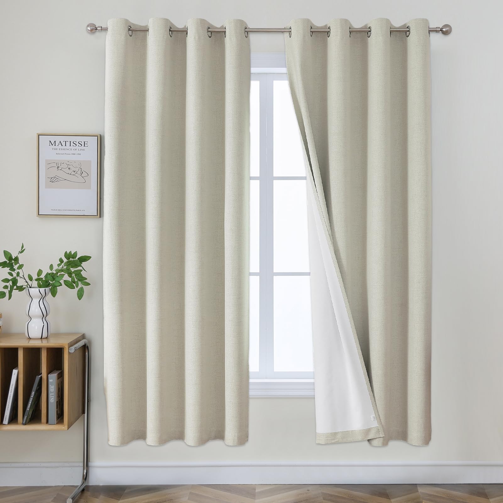 Joydeco 100% Blackout Lined Curtains Bedroom W55 x L69 Inch Drop, Faux Linen Textured Thermal Insulated Eyelet Curtains with Coating Back Layer for Living Room Bedroom, Light Beige - 2 Panels