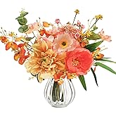 WELL KNOWN Artificial Flowers Arrangement Orange & Pink Silk Peony Bouquet with Vase, Fake Wild Flowers Bouquet for Home Office Living Room Wedding Party Dinning Table Spring & Summer Decor & Gift