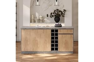homary 72" Kitchen Island with Storage Japandi Gray Kitchen Island with Drawer, Wood Cabinet with Wine Rack & LED Light
