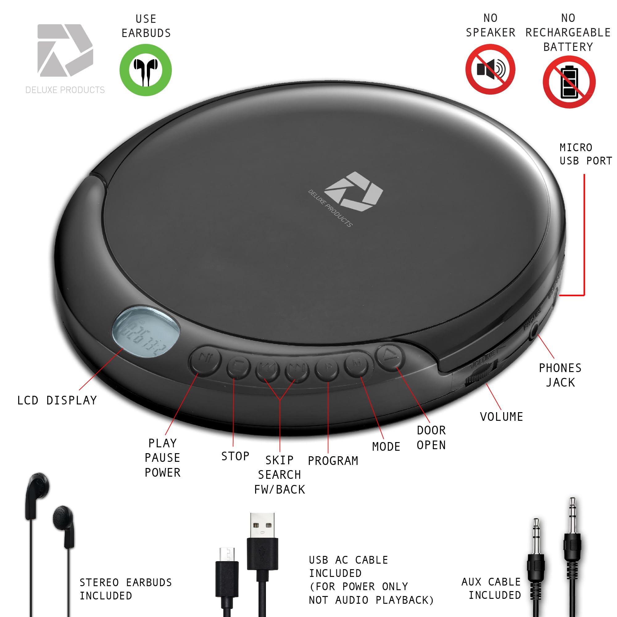 CD Player Portable with 60 Second Anti Skip, Stereo Earbuds, Includes Aux in Cable and AC USB Power Cable for use at Home or in Car
