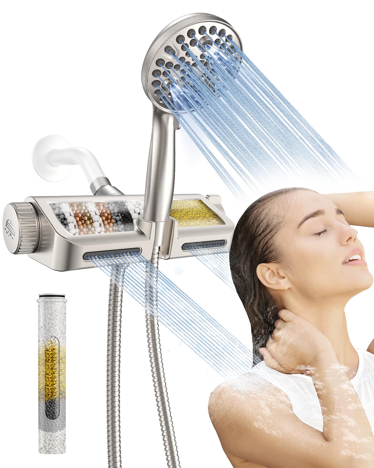 MakeFit Filtered Shower Head with Handheld Combo Brushed Nickel - Dual 2-in-1 Spa System with Massage Shower Head and 10 Modes Hand Held Showerhead, High Pressure, Buit in Power Wash Mode Image