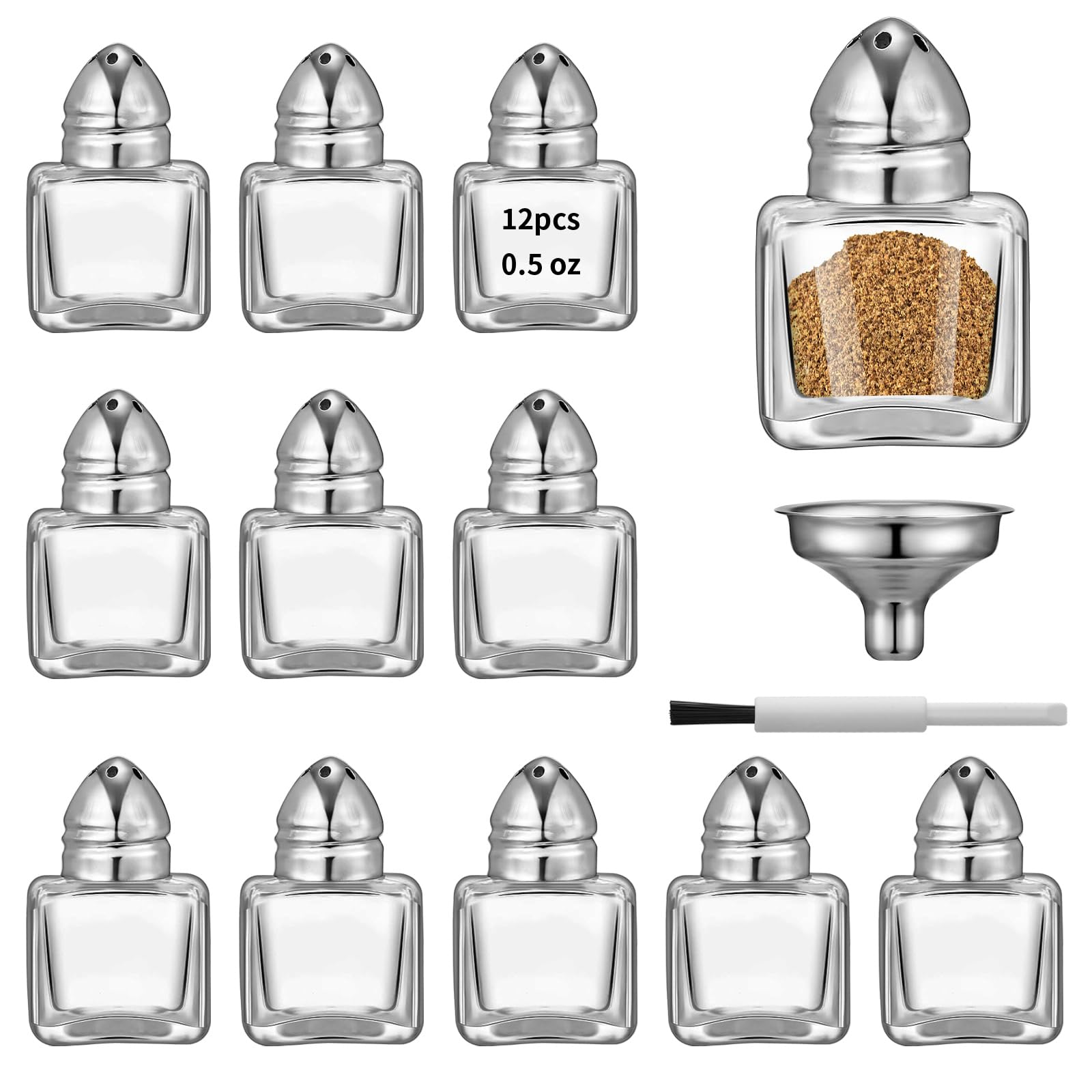 Photo 1 of 12 Pcs 0.5 oz Cube Shape Small Salt and Pepper Shakers with Tone Tops Clear Mini Glass Seasoning Jars Spice Salt Shakers with Funnel for Wedding Party Restaurant Home Kitchen (12, Silver)