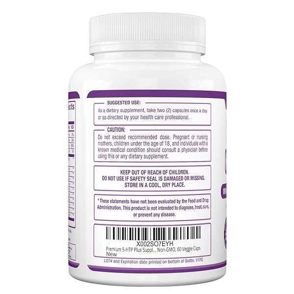 PREMIUM 5-HTP PLUS SUPPLEMENT 250MG MAXIMUM STRENGTH – SLEEP AID, MOOD BOOST, PROMOTES CALM & RELAXATION, STRESS MANAGEMENT SUPPORT – ENHANCED WITH VITAMIN B6, GLUTEN FREE, NON-GMO, 60 VEGGIE CAPS