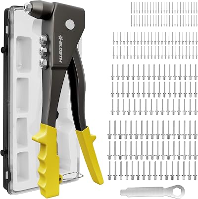 BLOSTM Pop Rivet Gun Kit 200 Rivets 4 Sizes 2.4-4.8mm Carbon Steel Ergonomic