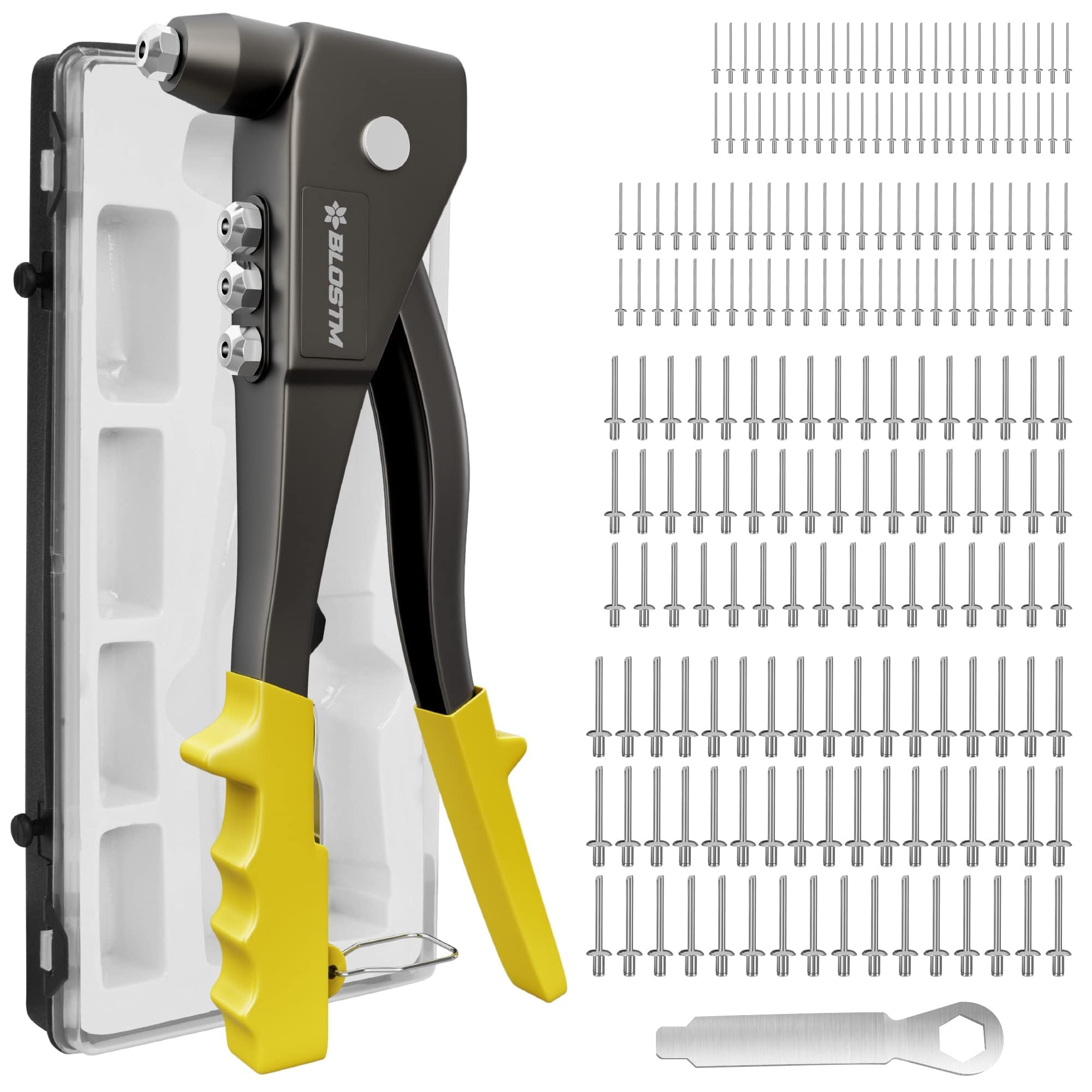 BLOSTM Pop Rivet Gun Kit - Full 200 Rivet Set with Pop Riveter & Carrying Case Containing 200 Rivets in 4 Sizes 2.4mm 3.2mm 4mm 4.8mm for Metal, Wood and Plastic - Complete Pop Rivet Set & Organiser