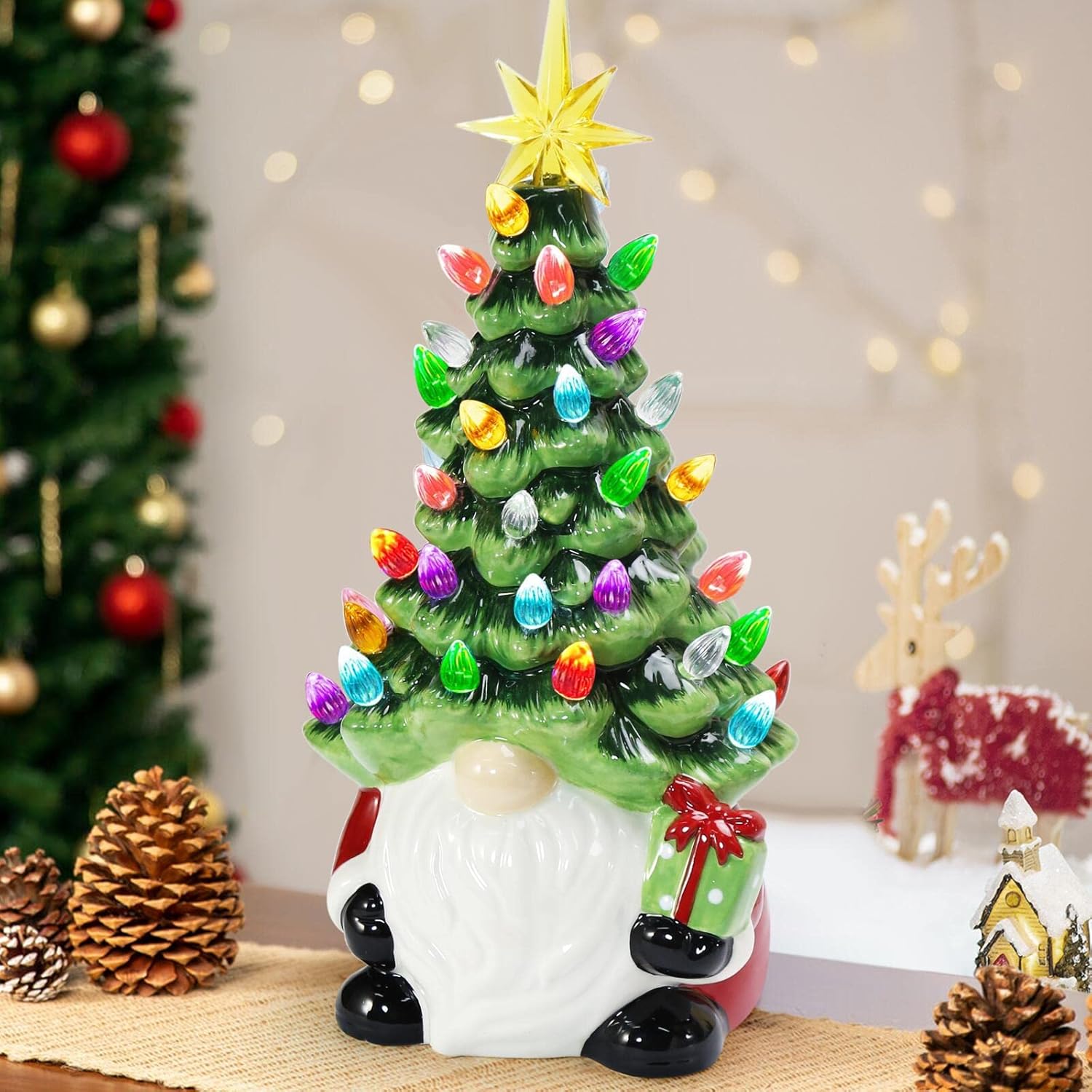 Trees - ORIENTAL CHERRY Christmas Decorations - 12” Lighted Up Gnomes Ceramic Christmas Tree with 46 Multicolored Lights - Small Mini Prelit Xmas Holiday Decor for Tabletop Home Room Table Fireplace Office