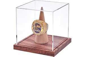 LITY Championship Ring Display Case, No Assembly Required Clear Acrylic Single Ring Holder with Wooden Stand Base for Sports Baseball Fan UV Protection(1 Pack)