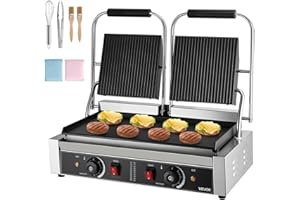 VEVOR Commercial Panini Grill, 3600W Electric Sandwich Panini Maker, Stainless Steel Double Sandwichs Press Grill with Handle and Temp Control, 19x9 in Flat Enamel Plate for Hamburger Steak Bacon