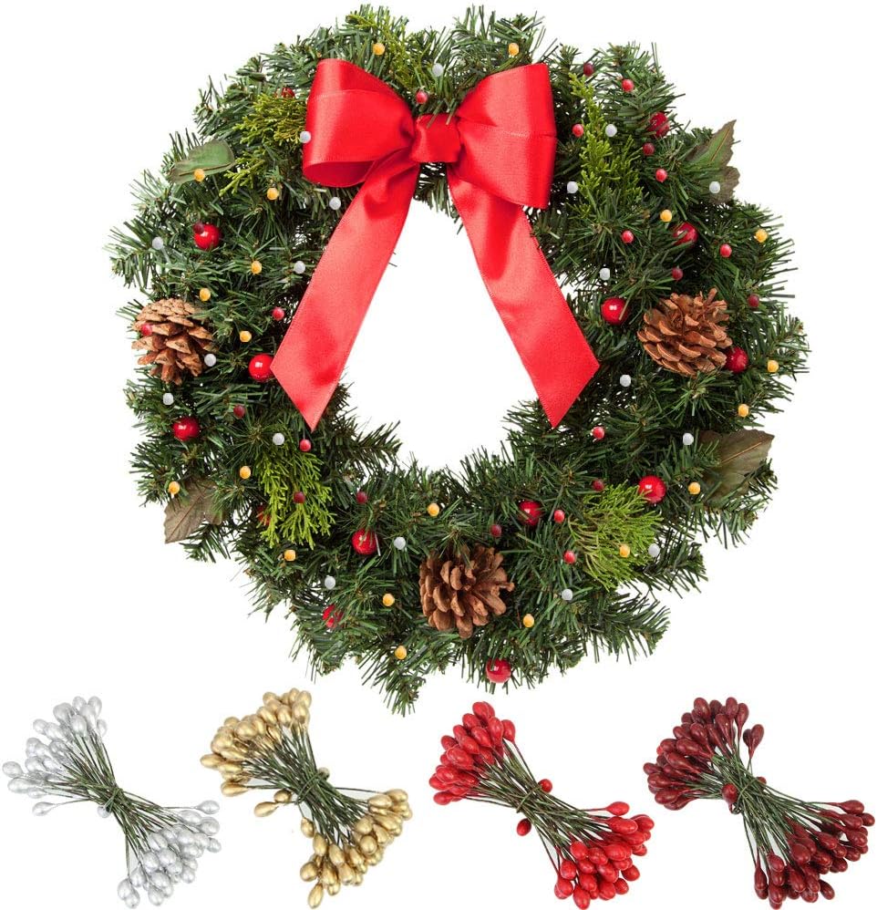 PERFETSELL 200 Pieces Artificial Holly Berries Christmas Fake Fruit Berries Artificial Berries with Wires Stems for Christmas Tree Decorations/Wreath Craft Use/Wedding Party Favor