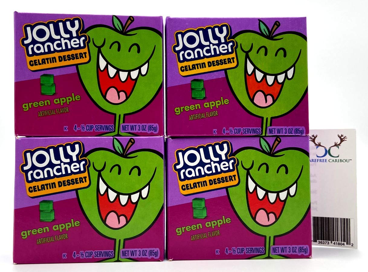 Jolly Rancher Jello Shot Bundle: Jolly Rancher Green Apple Jello Gelatin (Pack of Four 3oz boxes - Now from the Kraft Heinz Food Company) and Green Apple Jello Shot Recipe Card from Carefree Caribou!