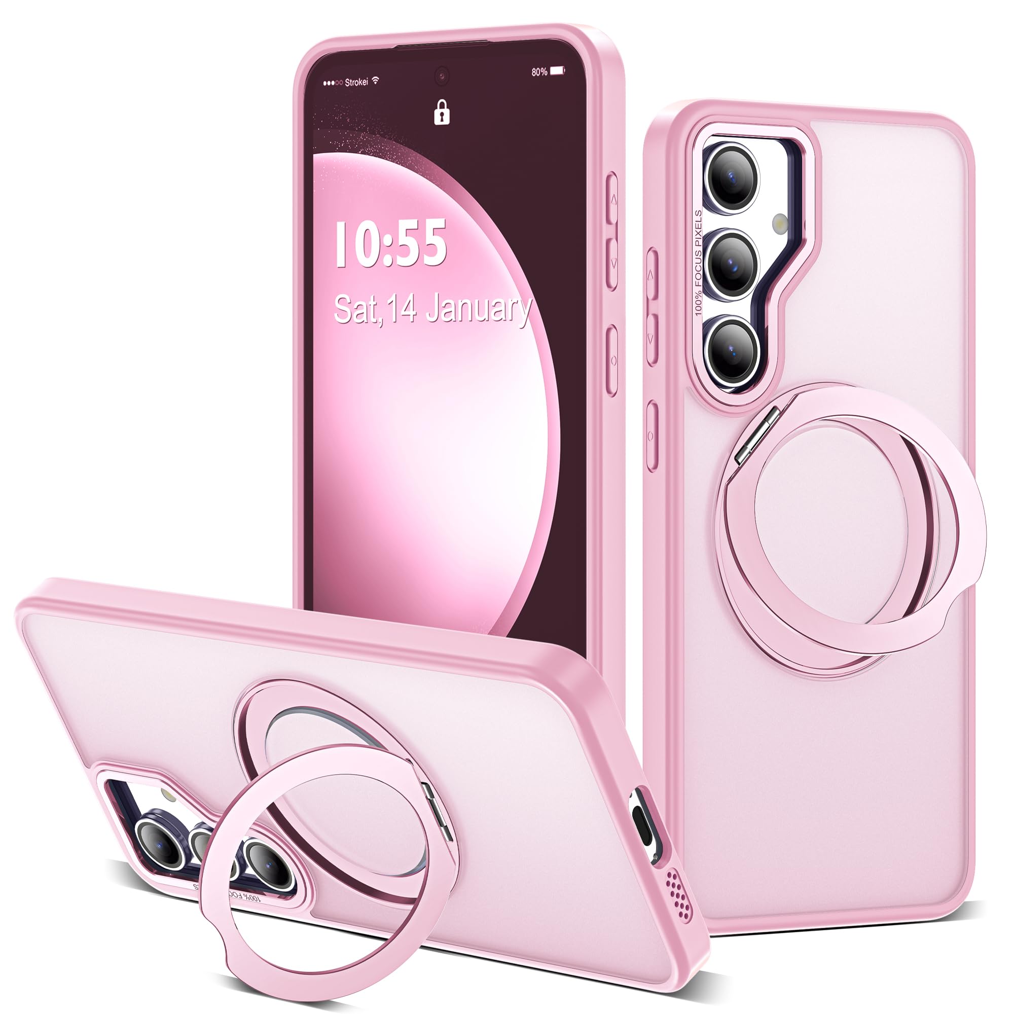 Photo 1 of Zalinbo for Samsung Galaxy S23 FE Case with 360° Rotatable Magnetic Ring Stand Compatible with Mag-Safe Military Protection Shockproof Matte Translucent Phone Cases for S23 FE,Pink