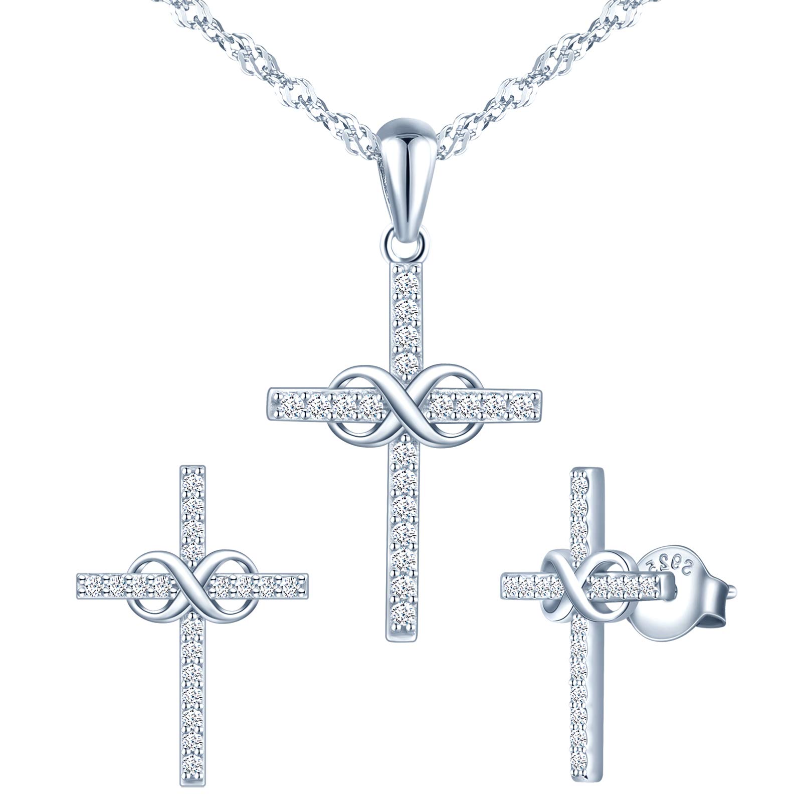 INFINIONLY Women's necklace pendant and Earrings, 925 sterling silver Jewellery Sets, Infinity symbol and cross element, Inlaid zircon, silver — image 1