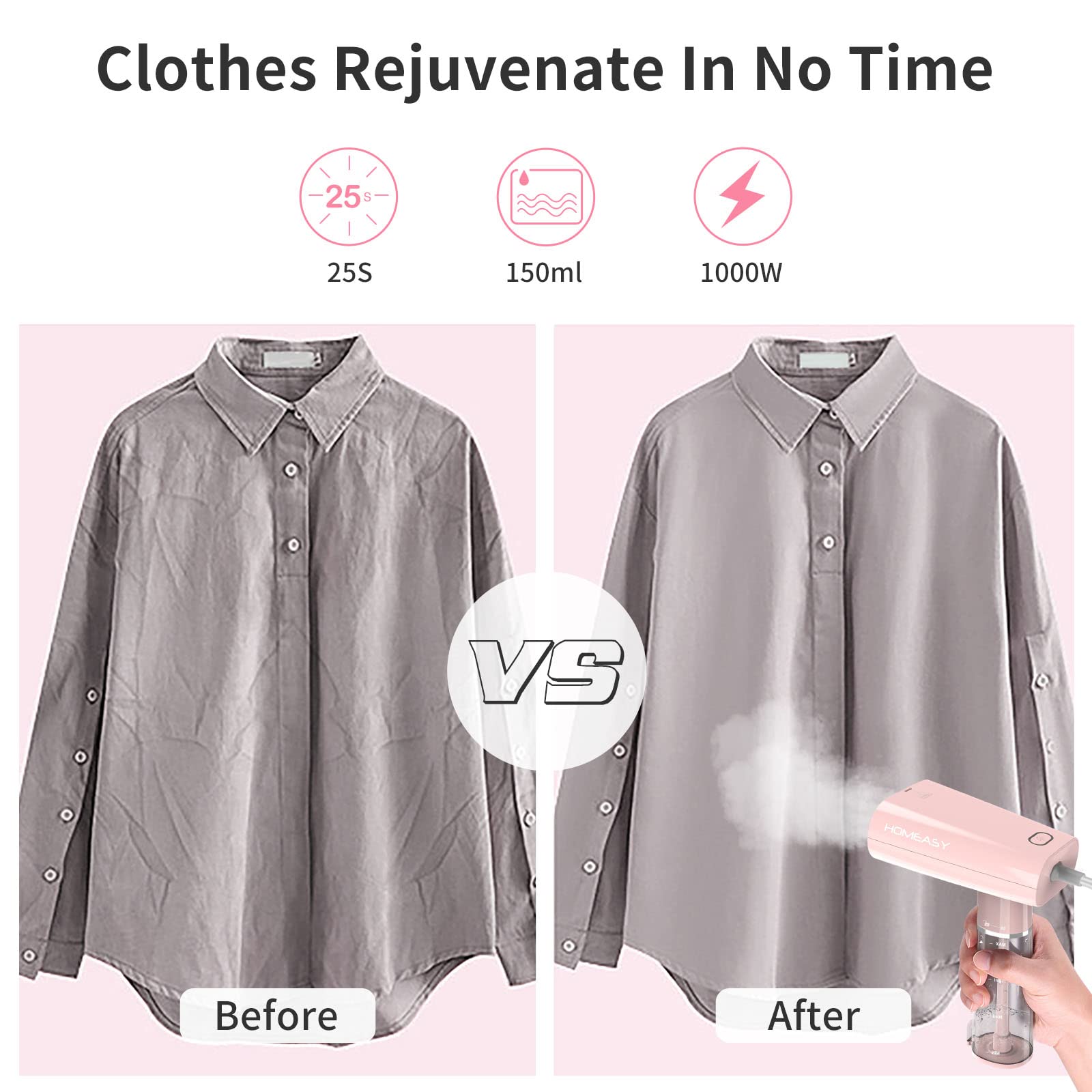 Clothes Steamer Travel, HOMEASY Handheld Steamer for Clothes Garment Steamer Portable Iron Clothes Steamer Fabric Wrinkle Remover with Fast 25s Heat-up Detachable Water Tank, Pink