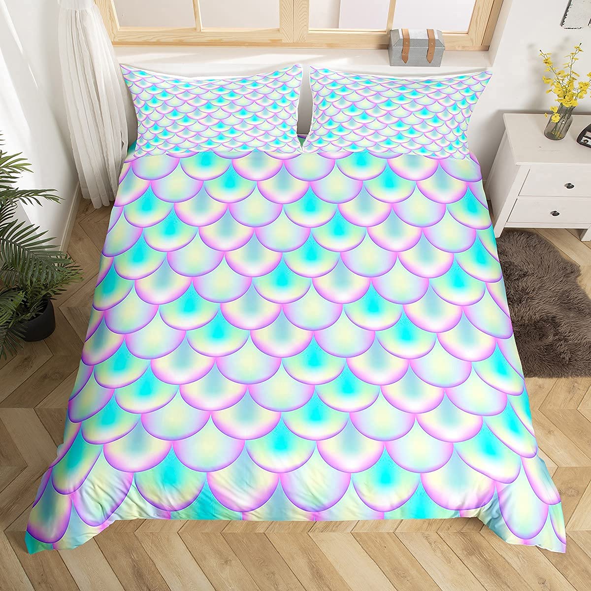Loussiesd Mermaid Bedding Set Fish Scales Comforter Cover for Kids Girls Blingbling Fish Scales Printed Comforter Set, Double Size Bedroom Decorative 3 Pieces Toddlers Bedding Set with Zipper Ties