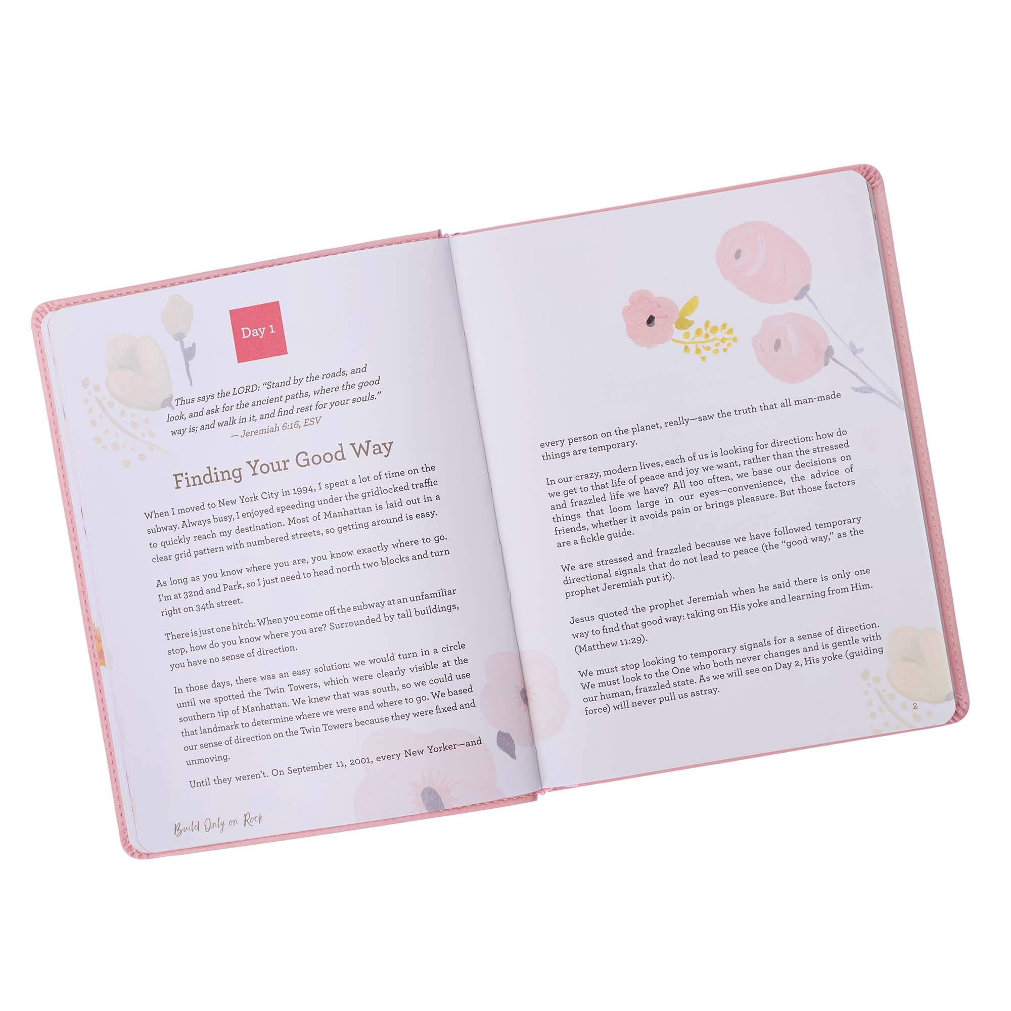 Find Rest Womens Devotional For Lasting Peace In A Busy Life - Pink Faux Leather Flexcover Gift Book Devotional w/Ribbon Marker
