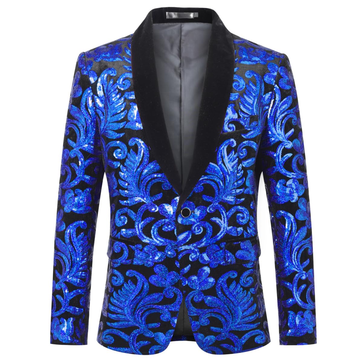 Photo 1 of Iynnijoy Mens Velvet Sequins Blazer Shiny Sequin Tuxedo Suit Blazer Jacket for Party Wedding Banquet Prom Blue size large 