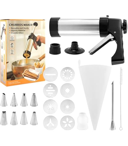 Stainless Steel Churro Maker Set | Reusable Cookie Press With 8 Nozzles & 16 Discs | Multi-Purpose Dessert Maker