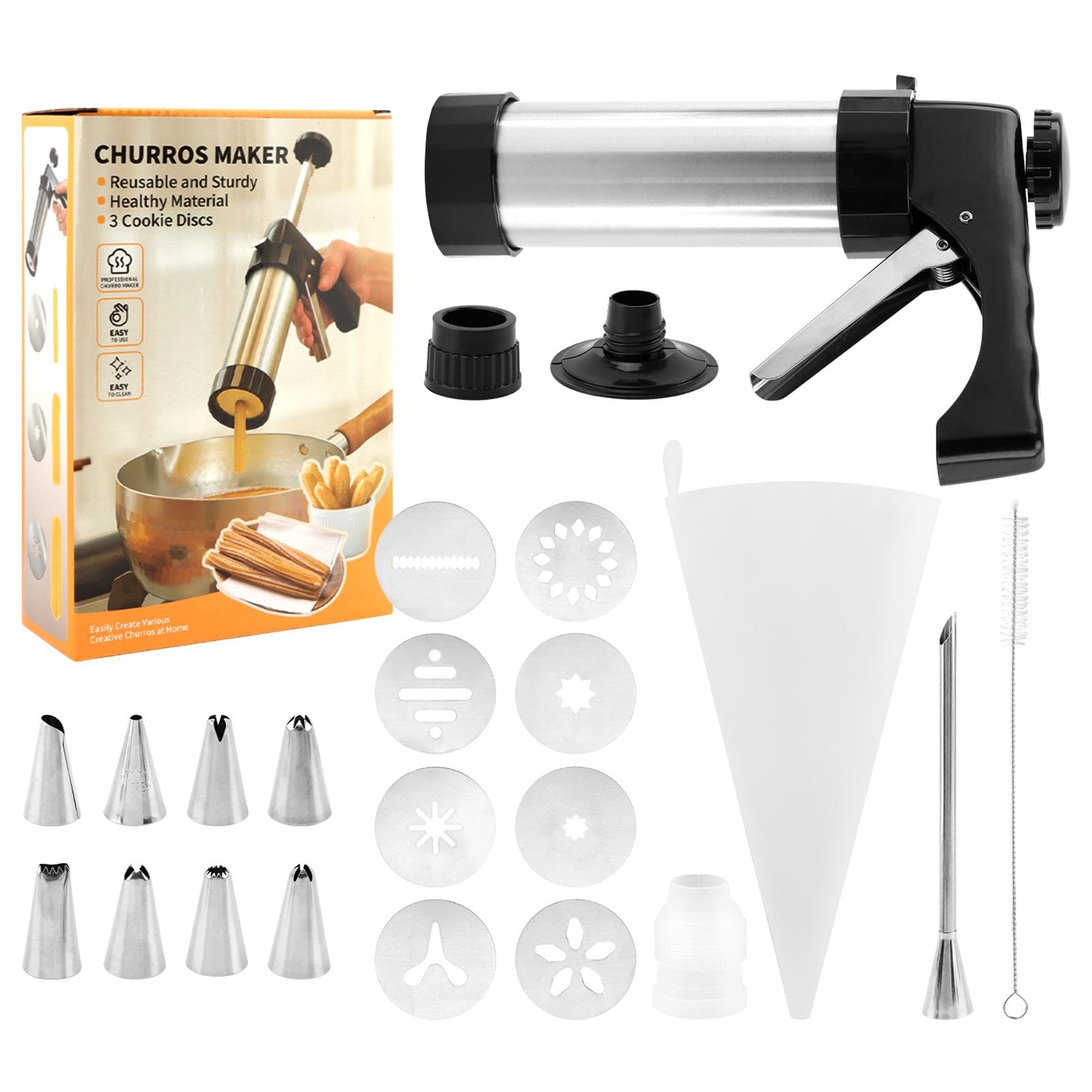 Photo 1 of Churro Maker Machine,Stainless Steel Churro Maker Kits Including 8 Discs Nozzles,8 Churro Piping Tips,Cleaning Brush,Filling Piping Bag,for Homemade Different Shape Churros,Cookie