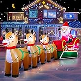12 Feet Long Christmas Inflatables Santa Claus with Three Reindeer Built-in LED Lights, Blow Up Christmas Outdoor Decorations for Xmas Party Holiday Outdoor Garden Lawn Yard Decor