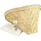 PANWA Large Sticky Rice Cooking Basket Handcrafted Traditional Thai Bamboo Wing Design with 24x24 Inch Cheesecloth Wrap Included