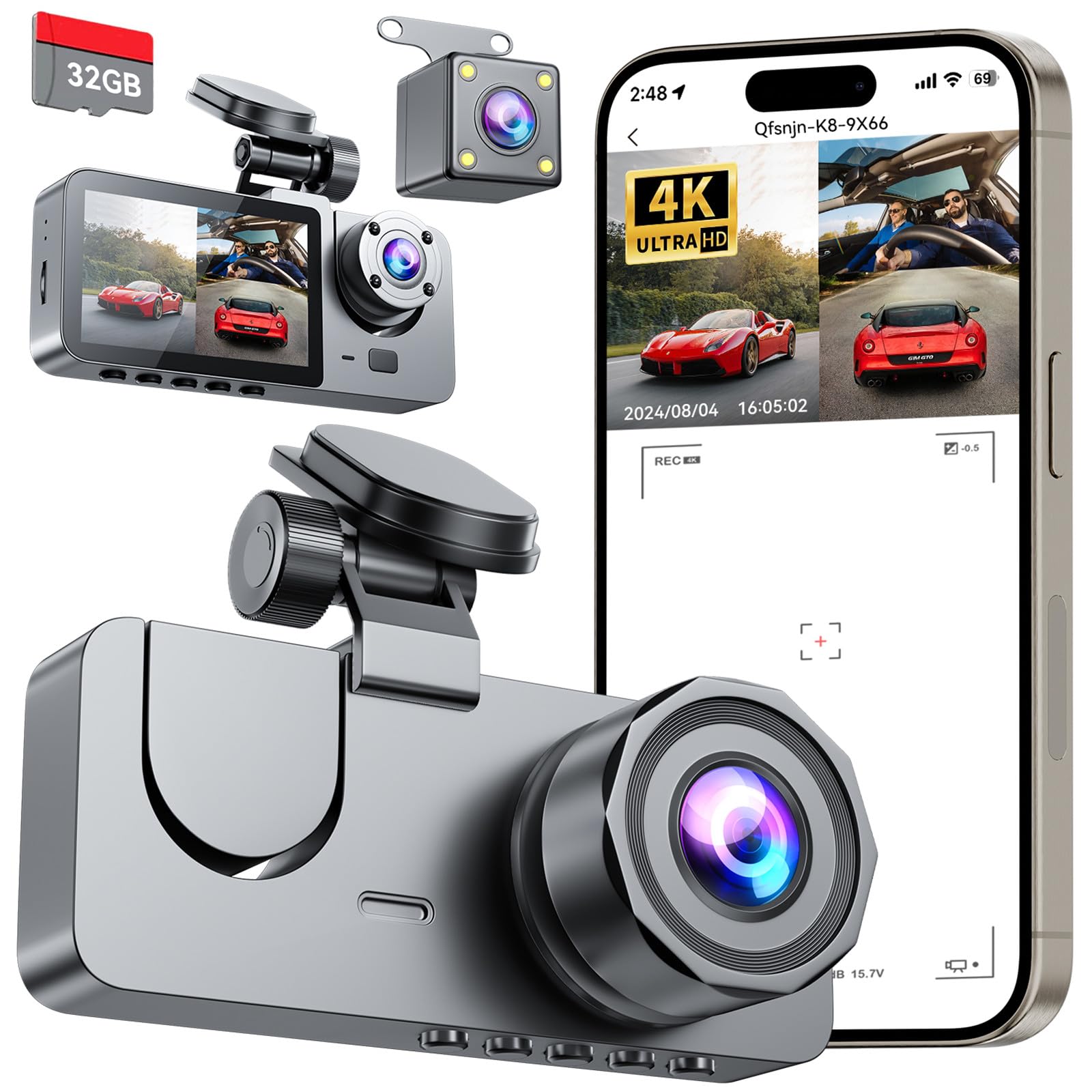 Photo 1 of Dash Cam Front and Rear Inside 3 Channel, 4K Full UHD Dash Camera for Cars Built-in 32GB Card with IR Night Vision, 24 Hours Recording, Loop Recording, G-Sensor (Black)