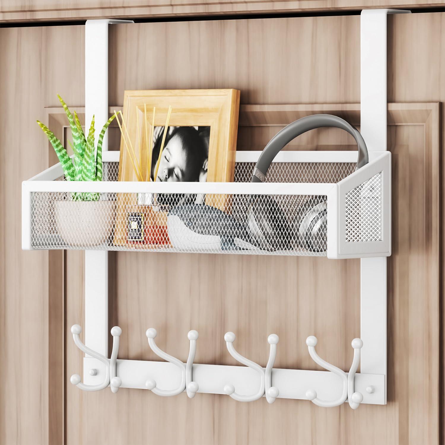 HapiRm Over Door Hanger - Over Door Hook Easy Install, Door Hangers with 16 Hooks, Mesh Basket Coat Hook for Clothes, Keys, Towels, in Bathroom, Kitchen