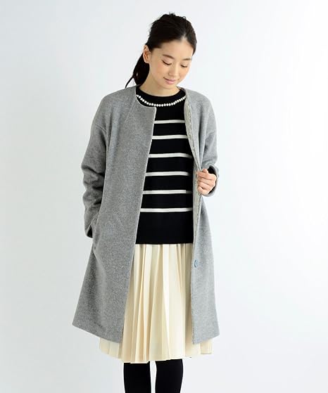 Amazon ペルルペッシュ Perle Peche レース付ノーカラーコート ３８ L グレー コート ジャケット 通販