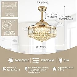 Siljoy 36 Inch Gold Fandelier Ceiling Fan with