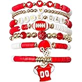 Gikool Football Stackable Clay Beaded Bracelets for Women - Adjustable Copper Sports Jewelry Gifts for Soccer Fans rugby bracelet (7pcs)