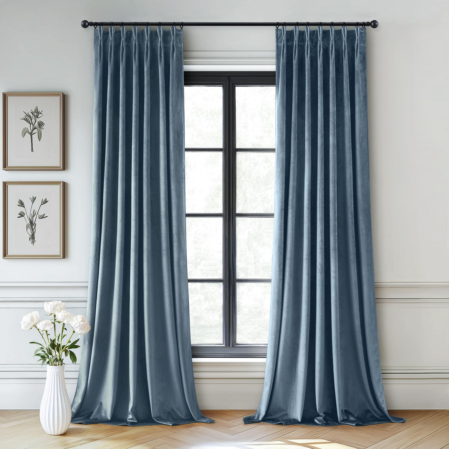 Condition photo showing As Is for miulee stone blue velvet curtains 90 inches long, pinch pleated blackout drapes with hooks, thermal
