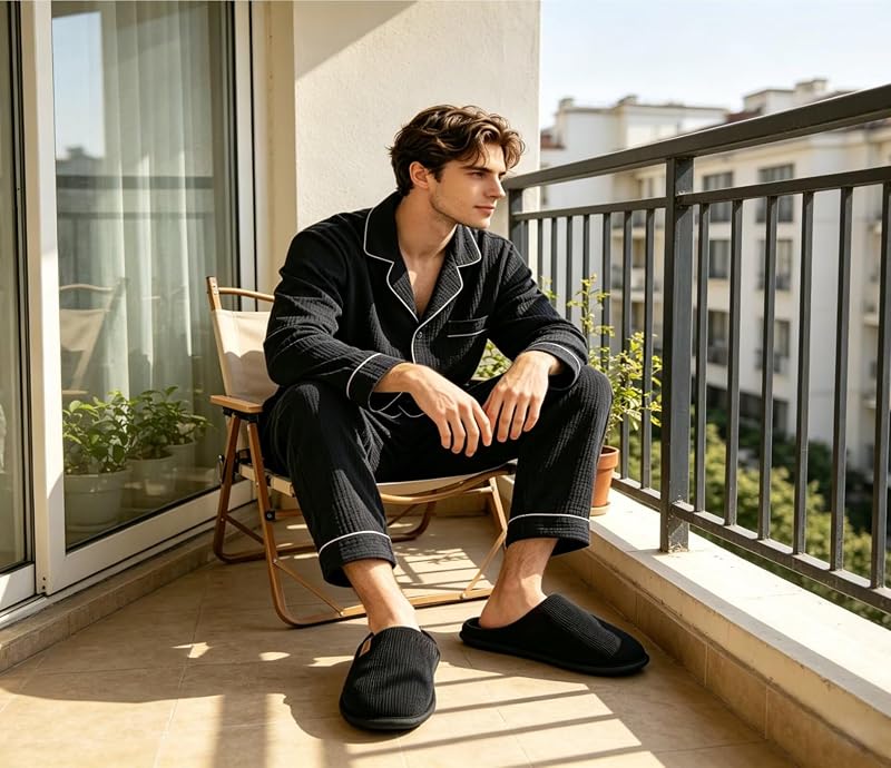 Hausschuhe Herren Rückstellschaum Memory Foam Herren Pantoffeln und Mann Haus Schuhe mit Kunstpelz Futter und Indoor Outdoor Gummisohlen Schwarz Größe 48 EU — Foto 2 von 7