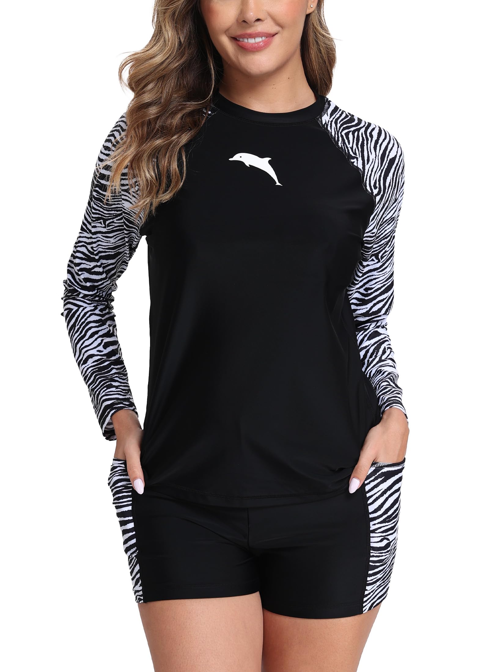 Photo 1 of Halcurt Women Long Sleeve Board Shorts and Rash Guard Set Swimsuits 2 Piece Modest Bathing Suit Zebra - L