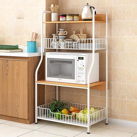 Amazon レンジ台 レンジラック キッチン収納ラック 食器棚 オーブンベ 主催のワークステーションシェルフの2つのワイヤーバスケット付きのキッチンパンラックユーティリティ ストレージシェルフ4ティアシェルフ White Natural レンジボード オンライン通販