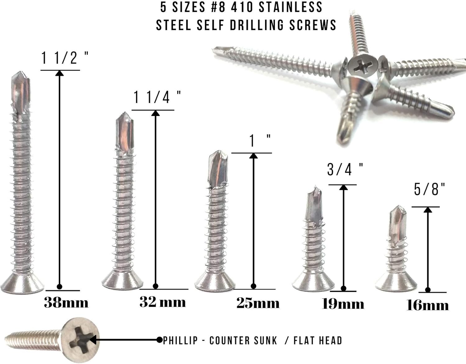 Phillips Flat Head SelfDrilling Screw 410 Stainless Steel Countersunk