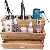 Harzen Brothers Hair Tool Organizer- Bamboo, Blow Dryer Holder, Bathroom Countertop, Vanity Caddy Storage Stand for Accessori