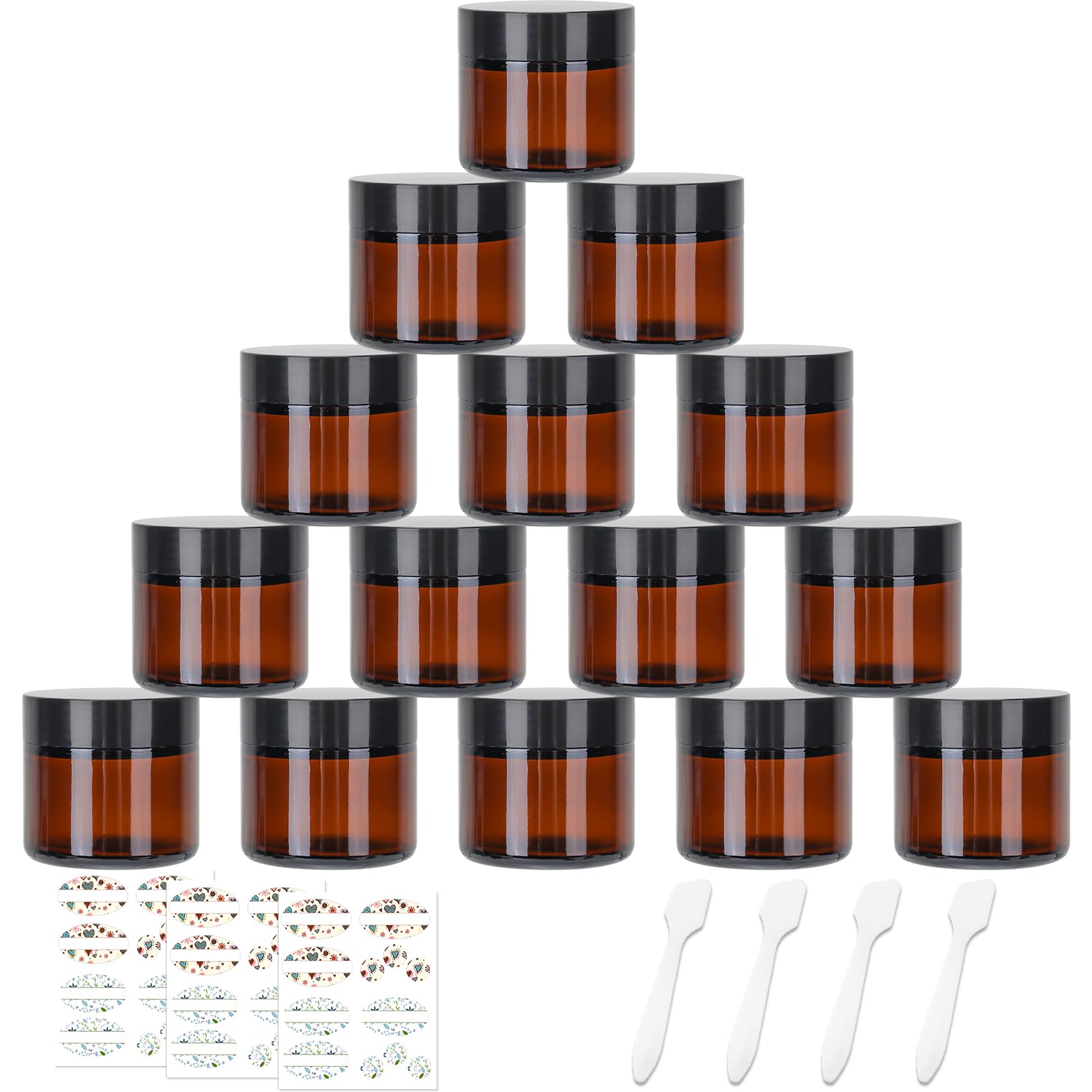 CulnCraz 15 Pack 60 ml Amber Round Glass Jars, 2 oz Empty Cosmetic Containers with Inner Liners, Black Lids and Glass Jars with Labels for Slime, Beauty Products, Cosmetic,Lotion,Powders and Ointments