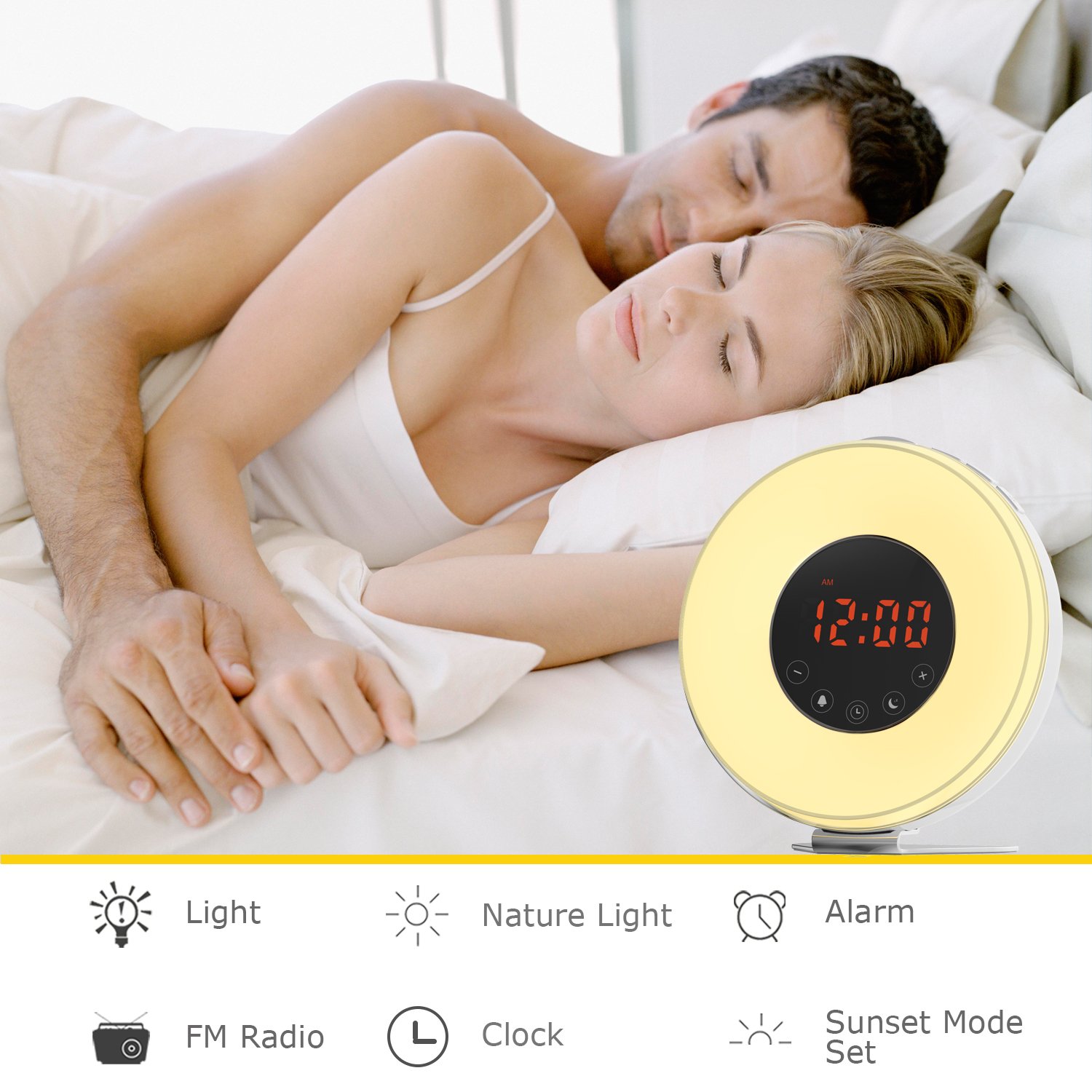 Ifecco Despertador despertador con luz del sol y simulación, noche de la luna del LED más 7 color que cambia la alarma de radio de la ayuda FM, control del tacto