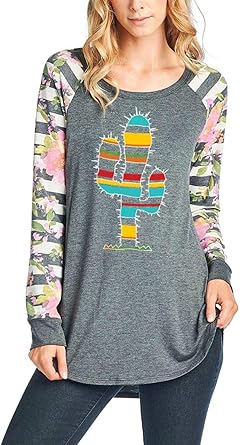 Zutter Multicolored Cactus Graphic Top with Striped Floral Long Sleeves (L) at Amazon Womenâs 