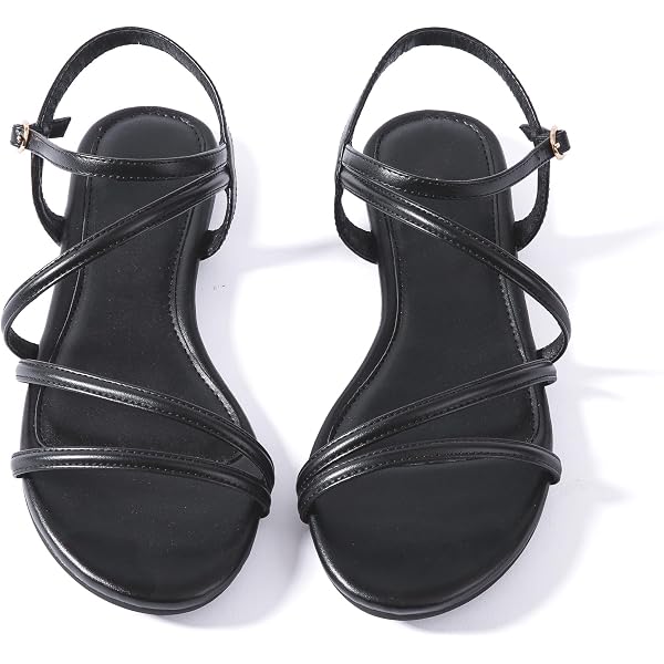 SweatyRocks Women's PU Leather Flat Sandals - Rhinestone Glitter Open Toe Slides