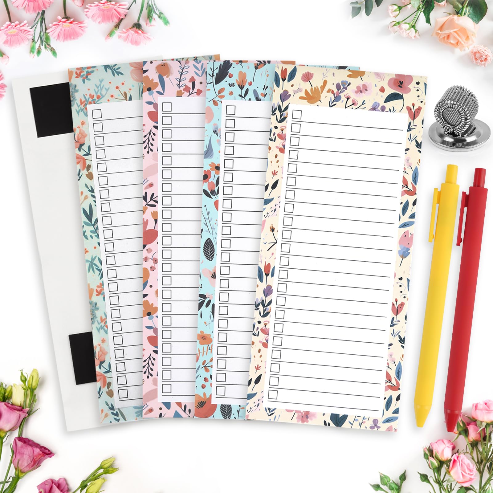 Magnetic Shopping List Pad, 4 Pack Magnetic Grocery List for Fridge with 1 Elastic Pen Clip, 200 Sheets Tearable Magnetic Notepad for Fridge with 2 Pen, Floral Theme Fridge Shopping List Magnet