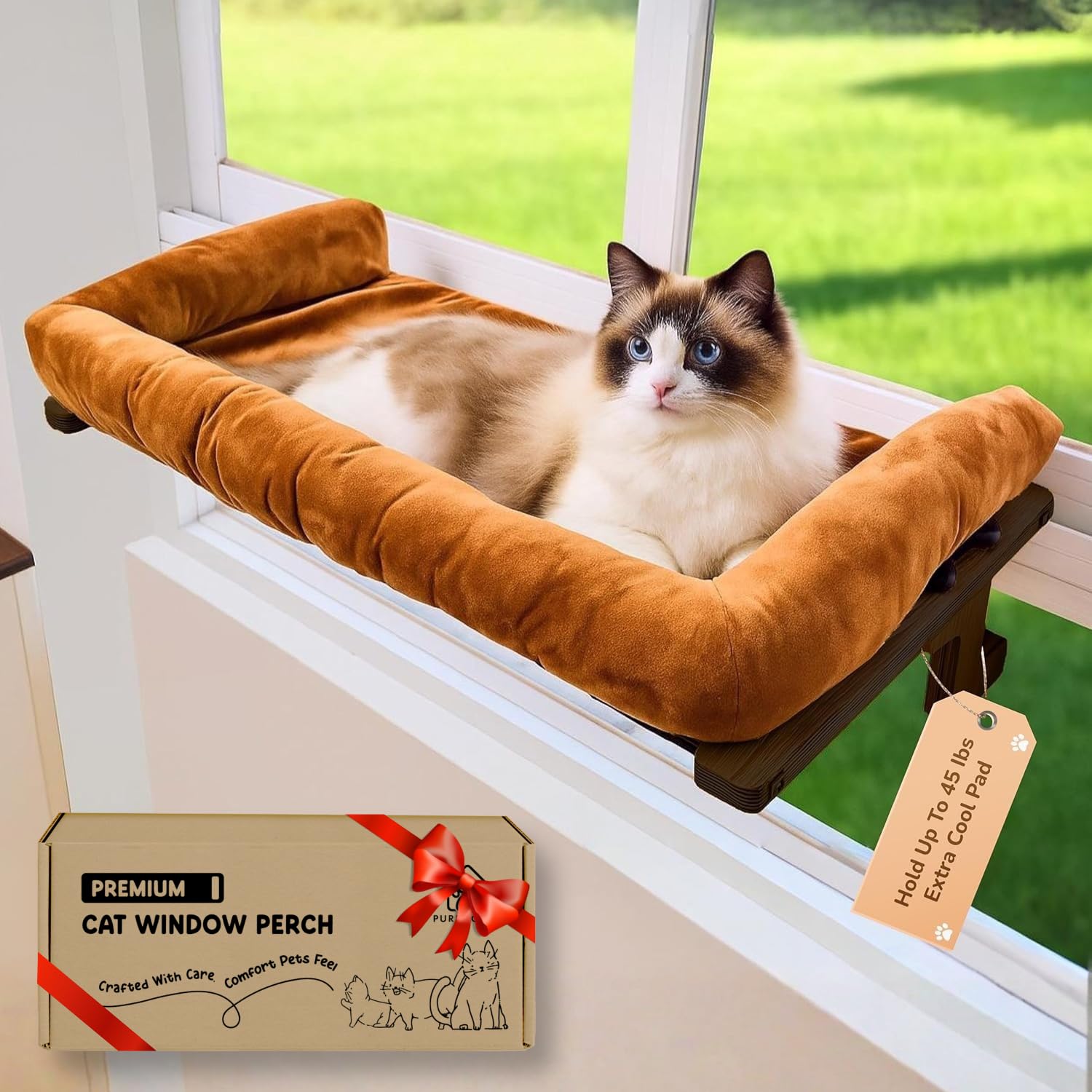 Photo 1 of [Ready to Gift] PURRHOUSE 45LBS Cat Window Perch with Bolster, Hammock Seat with Plywood & Metal Frame, Cat Bed for Windowsill, Bedside and Cabinet (Walnut Wood & Brown Cushion, 24.8''W x 9.4''H)