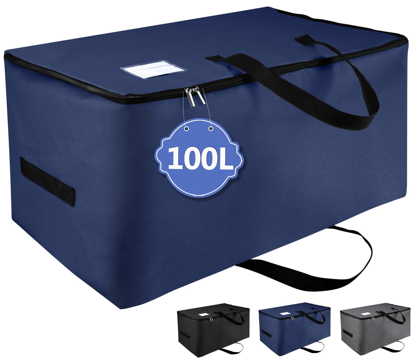 IHOMAGIC Extra Large Storage Bag with Carry Handles, Heavy Duty Storage Containers Clothes Organizers with Sturdy Polyester Fabric, Water Resistant Moving Bag for Bedding, House Moving,Navy Blue, L