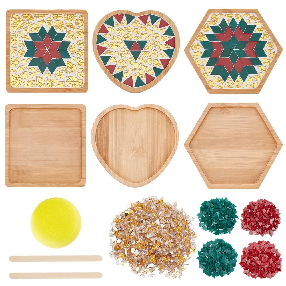 WEBEEDY 3 Sets Gold Glass Mosaic Tiles Coaster Kit Mosaic Bamboo Coaster Handmade Golden Mosaic Coaster Making with Instruction, Coasters for Adults Christmas Home Decor