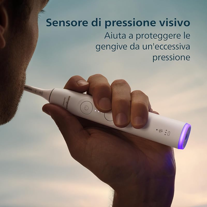 Sonicare 6100, spazzolino sonico con 2 modalità di spazzolamento e 3 livelli di intensità, avviso di pressione, EasyStart, SmarTimer, custodia da viaggio, bianco, HX7400/02 [Nuova tecnologia]