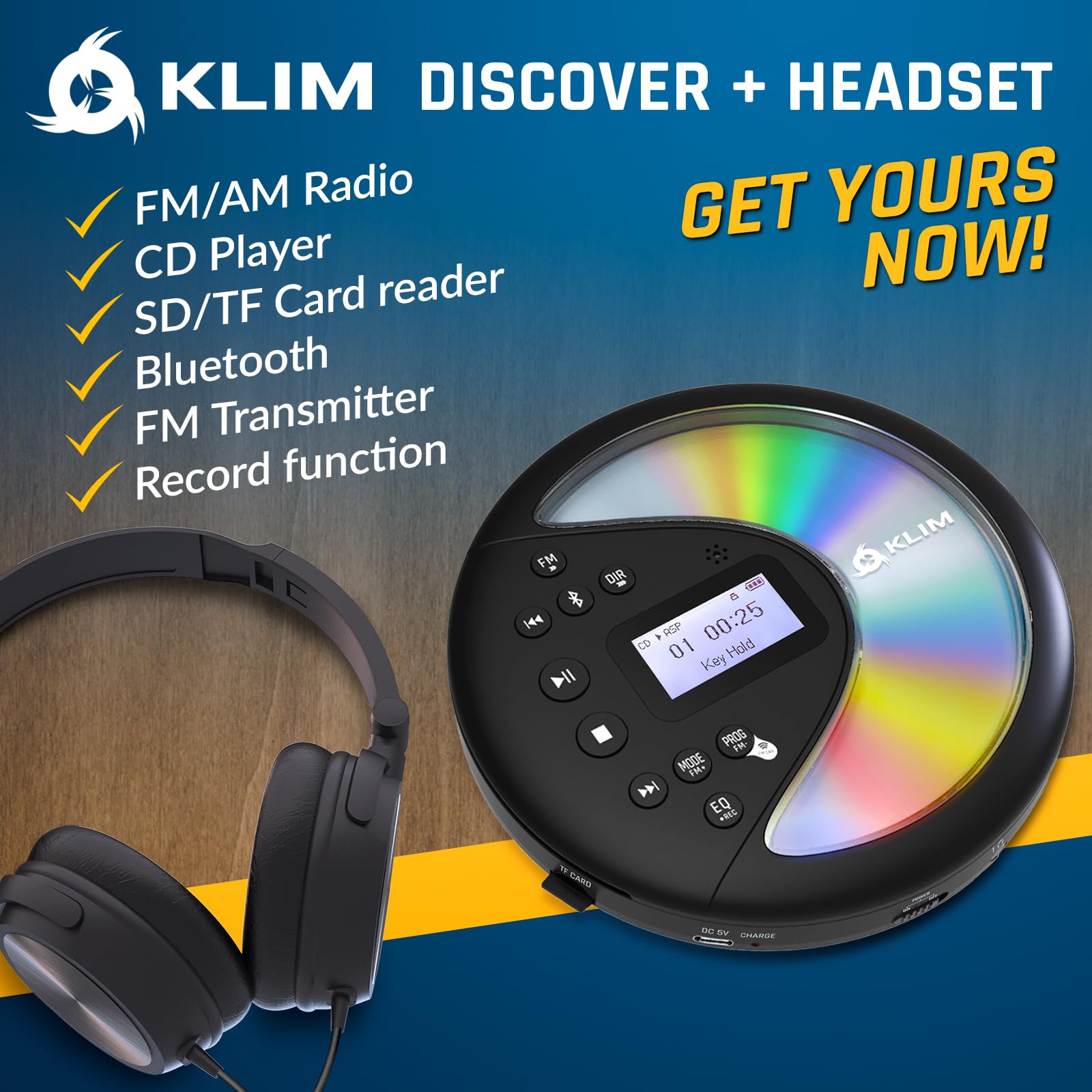 KLIM Discover with Headphones - Portable CD Player Walkman with Long-Lasting Battery - New - Radio FM - Compatible MP3 CD Player Portable - SD Card, FM Transmitter, Bluetooth - Ideal for Cars