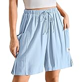TARSE Women's Linen Bermuda Shorts Casual Wide Leg Drawstring High Waisted Summer Loose Beach Long Shorts with Pockets