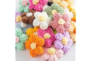 Ewanda store 100Pcs Crochet Flowers Puff Flowers Knitted Yarn Flowers Handmade Crochet Flowers for Crafts Embellishments DIY Hair Headbands Hats Clothing Accessories
