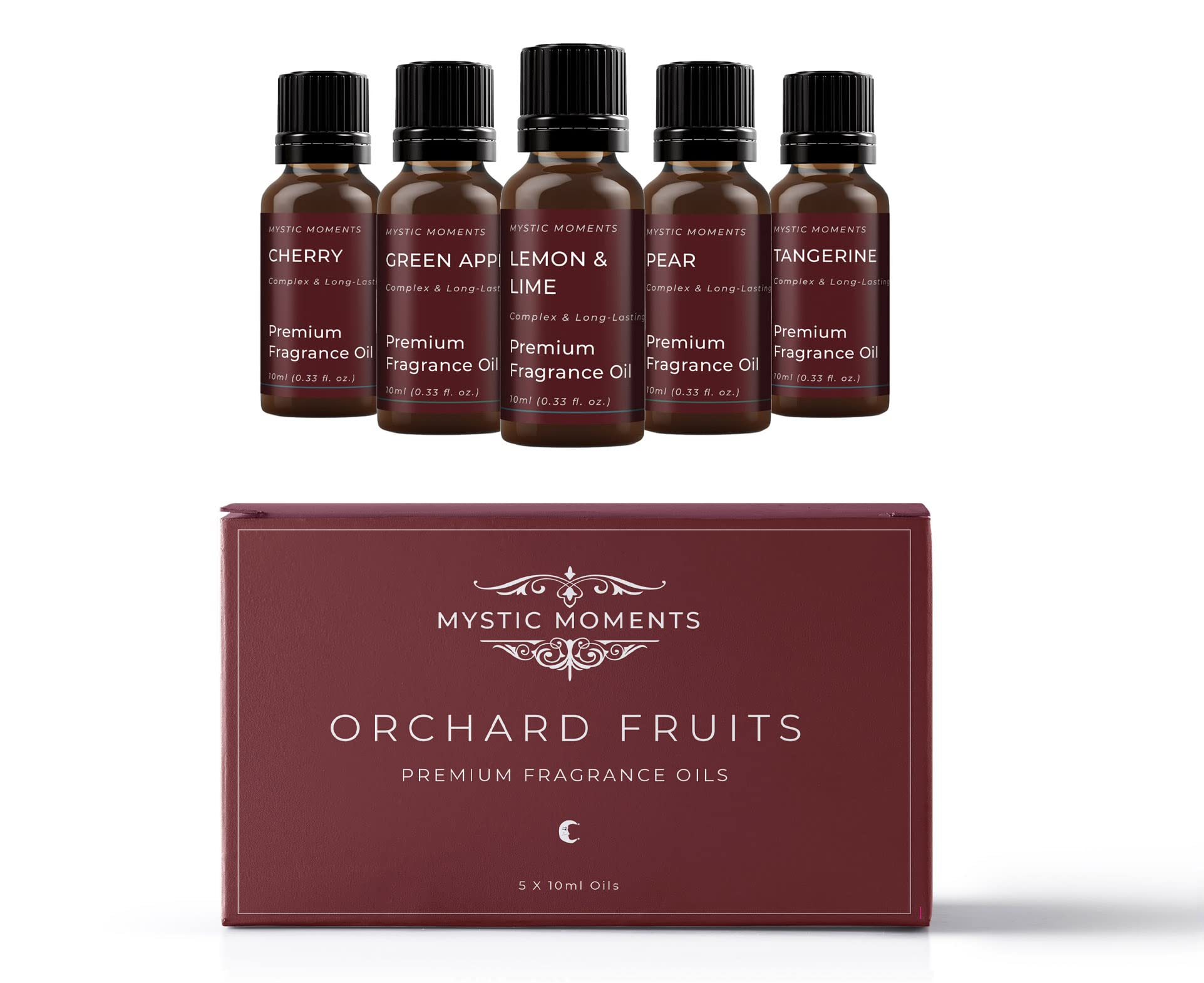 Mystic Moments | Orchard Fruits Fragrant Oils Gift Starter Pack | 5 x 10ml Fruit Scent Oils | Cherry, Green Apple, Lemon & Lime, Pear, Tangerine | Fresh Uplifting Aroma