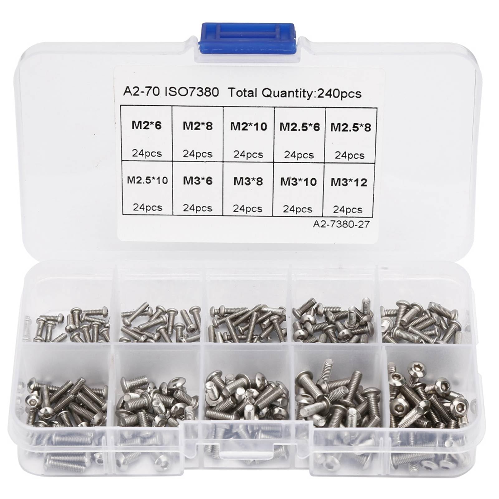 240pcs M2 M2.5 M3 Hex Socket Screw Stainless Steel Button Head Hex Socket Button Bolts and Nuts Set Assortment Kit with Plastic Storage Box for Plastic Wood Soft Metal